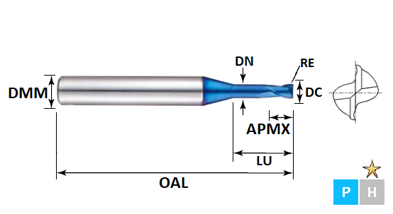 2.0mm 2 Flute 0.3mm Corner Radius (12.0mm Effective Length) Rib Processing Pulsar Blue Carbide Slot Drill
